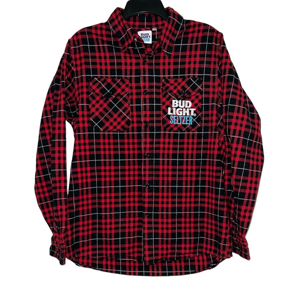 Bud Light Seltzer Mens Flannel Shirt Size L Red Black Plaid Long Sleeve